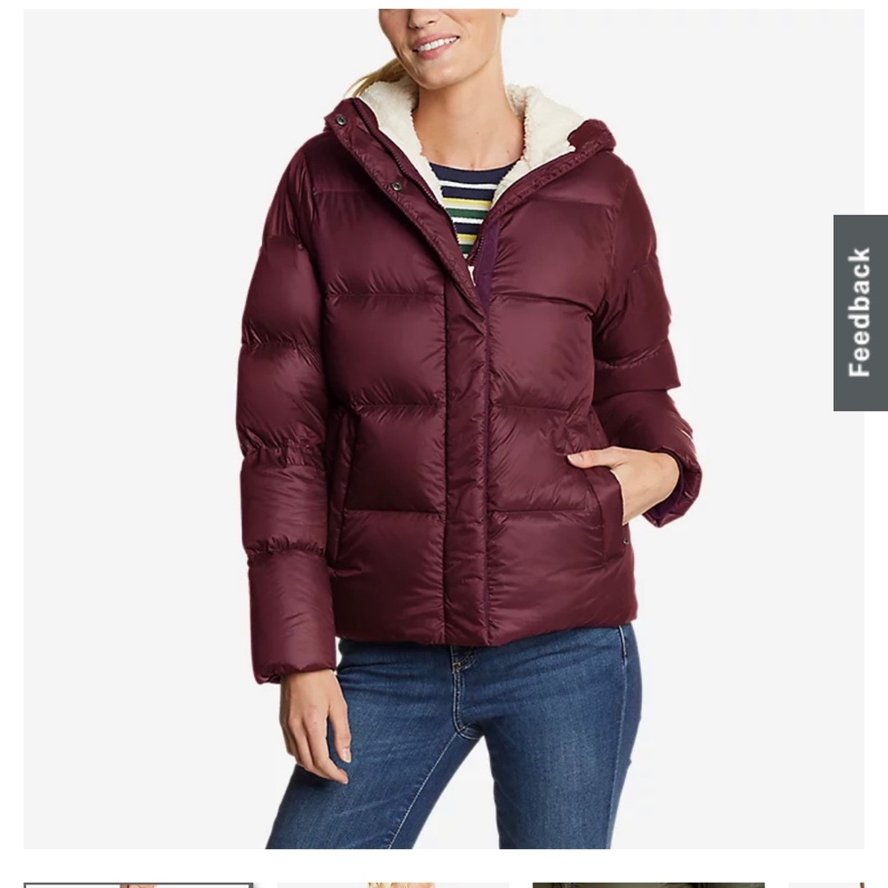 Eddie Bauer Stratuslite Down Faux Shearling-Lined Hoodie Dark Berry